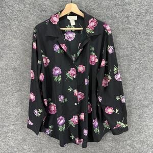 Jordan Shirt Women 18W Plus Black Floral Button Up Collared Long Sleeve Casual